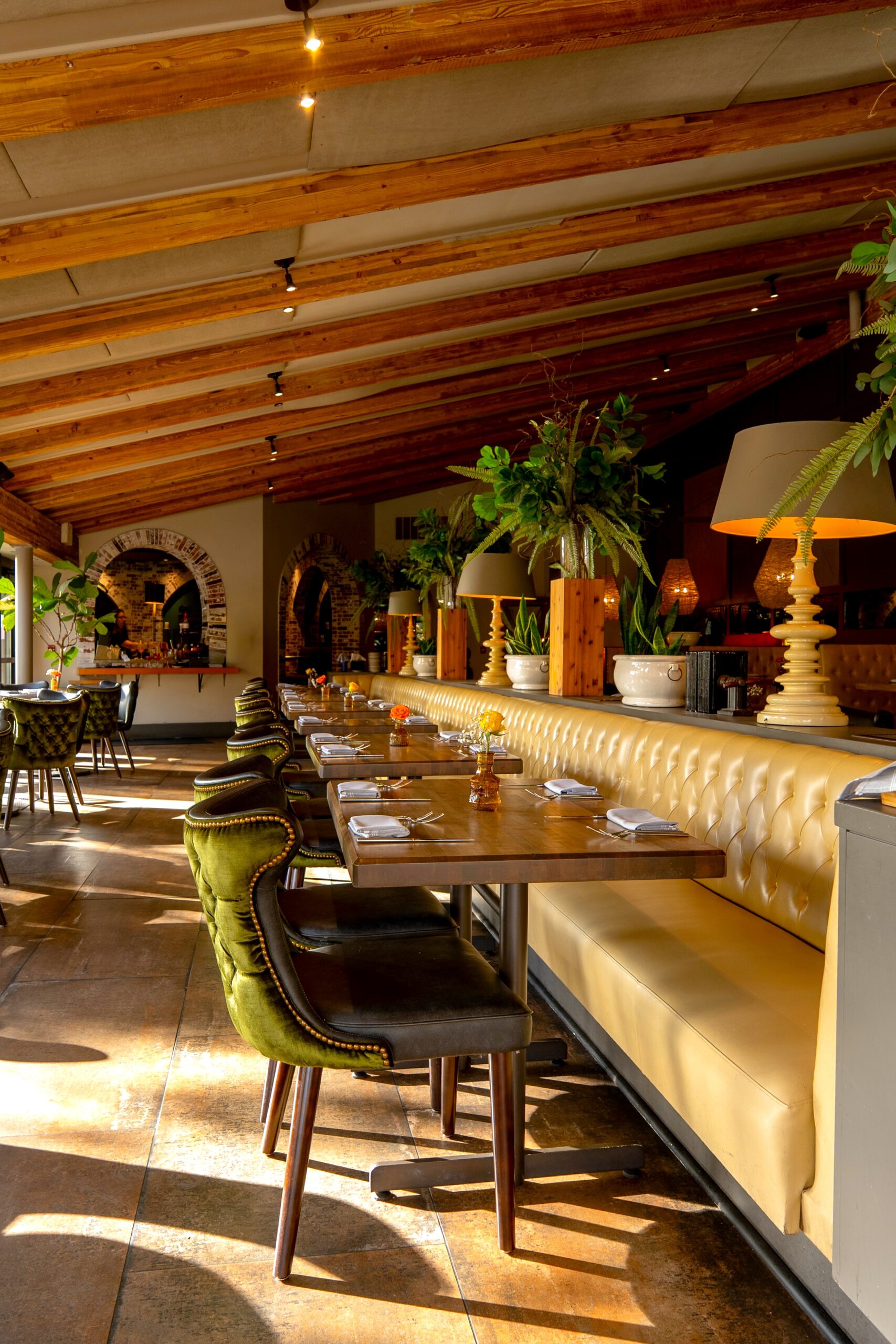 View of indoor dining area setup for a business meeting